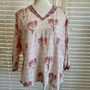 Fabindia Kurta Tunic Red Floral Summer Top Blouse 100% Handwoven Cotton - Large